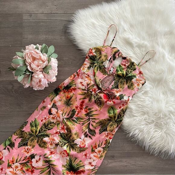 NSR Tropical Cut Out Print Pink Silky Lace Up Maxi Dress M - Picture 4 of 9